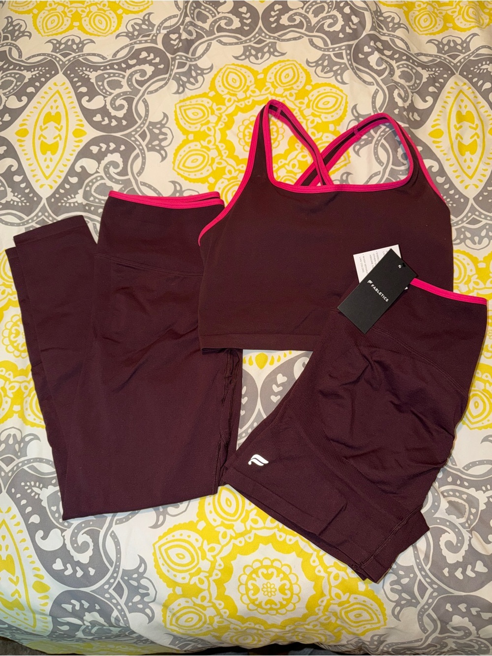 Fabletics Workout Set Pink Maroon Leggings Shorts Tank Top